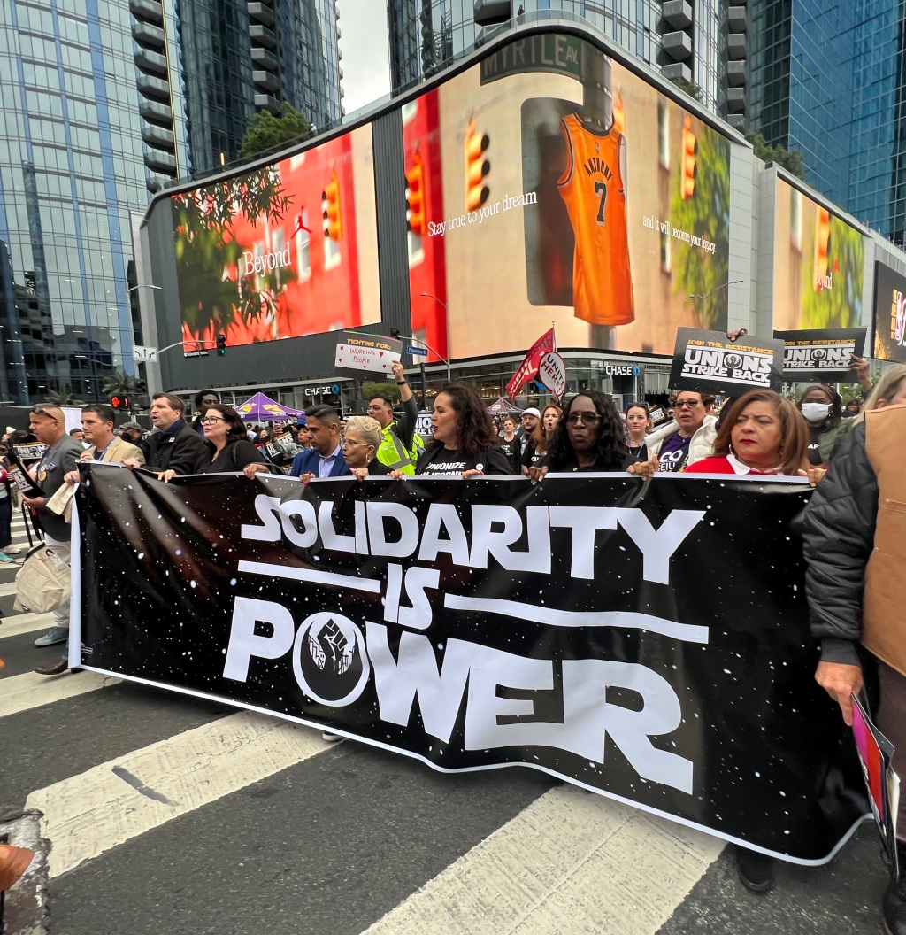 Hundreds of Union Workers Rally in Solidarity with WGA, Declaring “Labor Is Rising” in Los Angeles